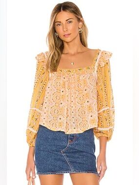 Free People Mostly Meadow Floral Boho Peasant Balloon Sleeve Crop Top Yellow XS